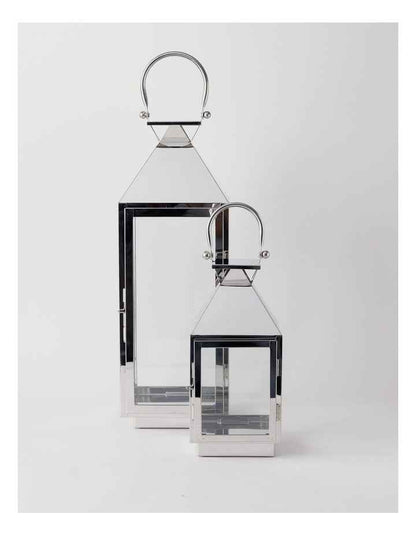 Stainless Detail Iron & Glass Lantern 38cm in Silver