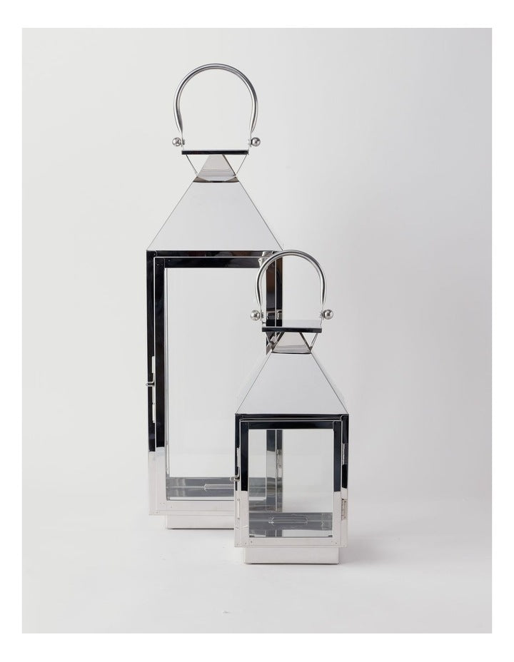 Stainless Detail Iron & Glass Lantern 38cm in Silver