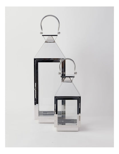 Stainless Detail Iron & Glass Lantern 38cm in Silver