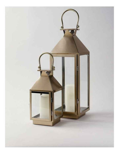 Stainless Detail Iron & Glass Lantern 38cm in Gold