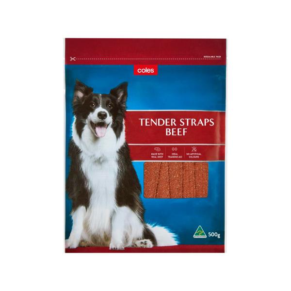COLES TENDER BEEF STRAPS DOG TREATS 500GRAM