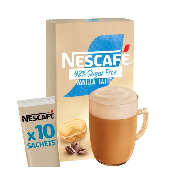 NESCAFE 98% SUGAR FREE VANILLA LATTE COFFEE SACHETS 10PK