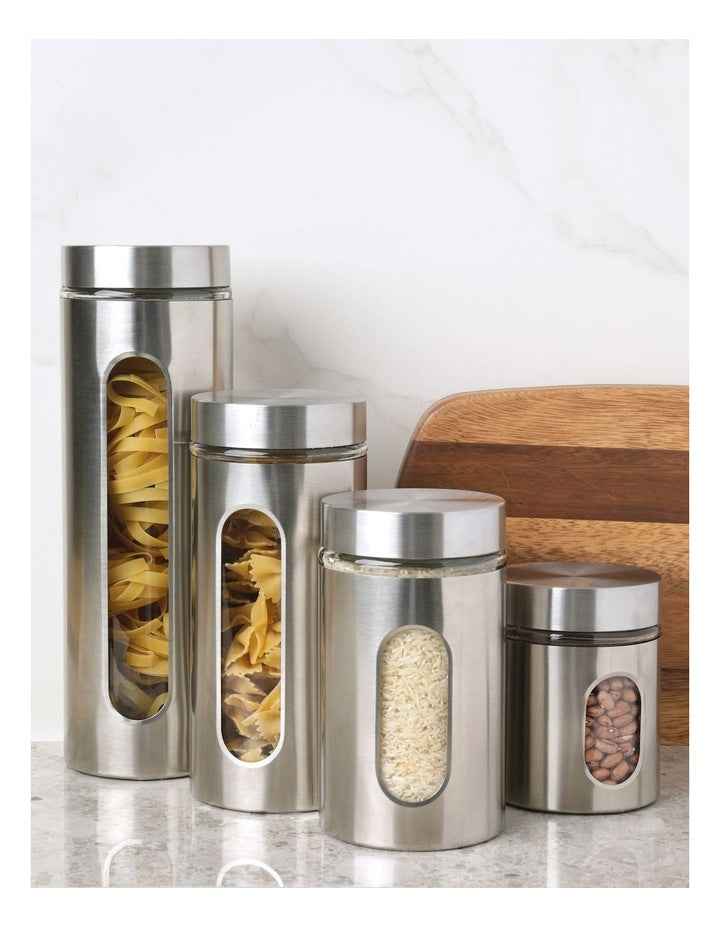Stainless Steel Canister with Window Set of 4 in Silver