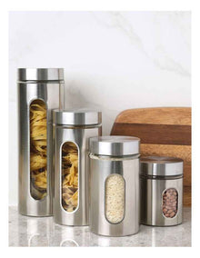 Stainless Steel Canister with Window Set of 4 in Silver
