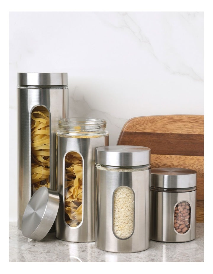 Stainless Steel Canister with Window Set of 4 in Silver