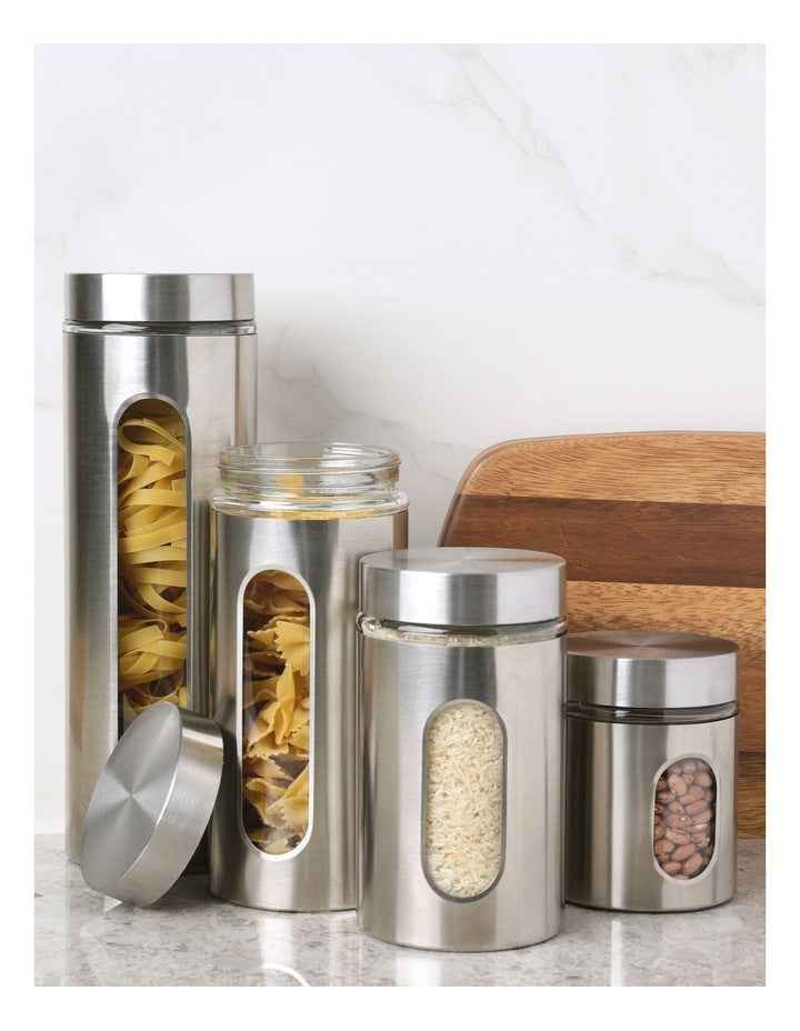 Stainless Steel Canister with Window Set of 4 in Silver