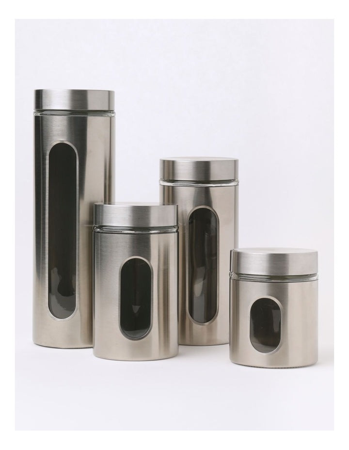 Stainless Steel Canister with Window Set of 4 in Silver