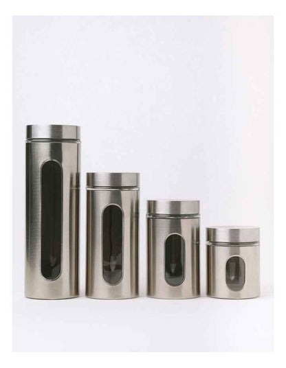 Stainless Steel Canister with Window Set of 4 in Silver