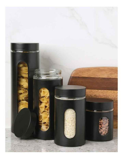 Stainless Steel Canister with Window Set of 4 in Black
