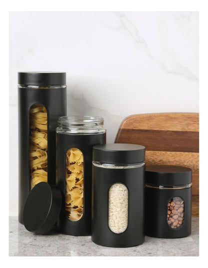 Stainless Steel Canister with Window Set of 4 in Black