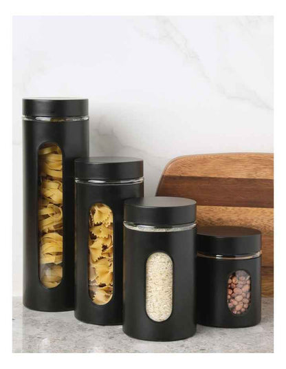 Stainless Steel Canister with Window Set of 4 in Black