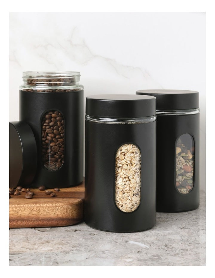 Stainless Steel Canister with Window Set of 3 600ml in Black