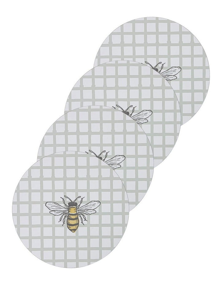 Round Hardboard Bees Placemat 4 Pack in White/Grey