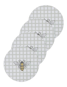 Round Hardboard Bees Placemat 4 Pack in White/Grey