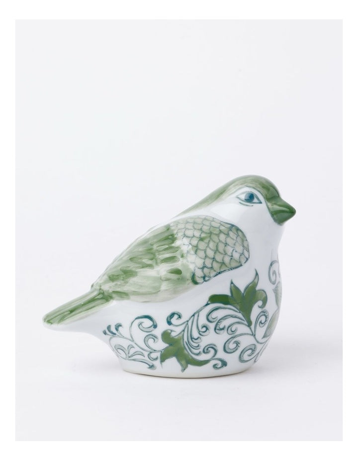 Hand-Painted Porcelain Bird Sculpture 29x11cm in Green