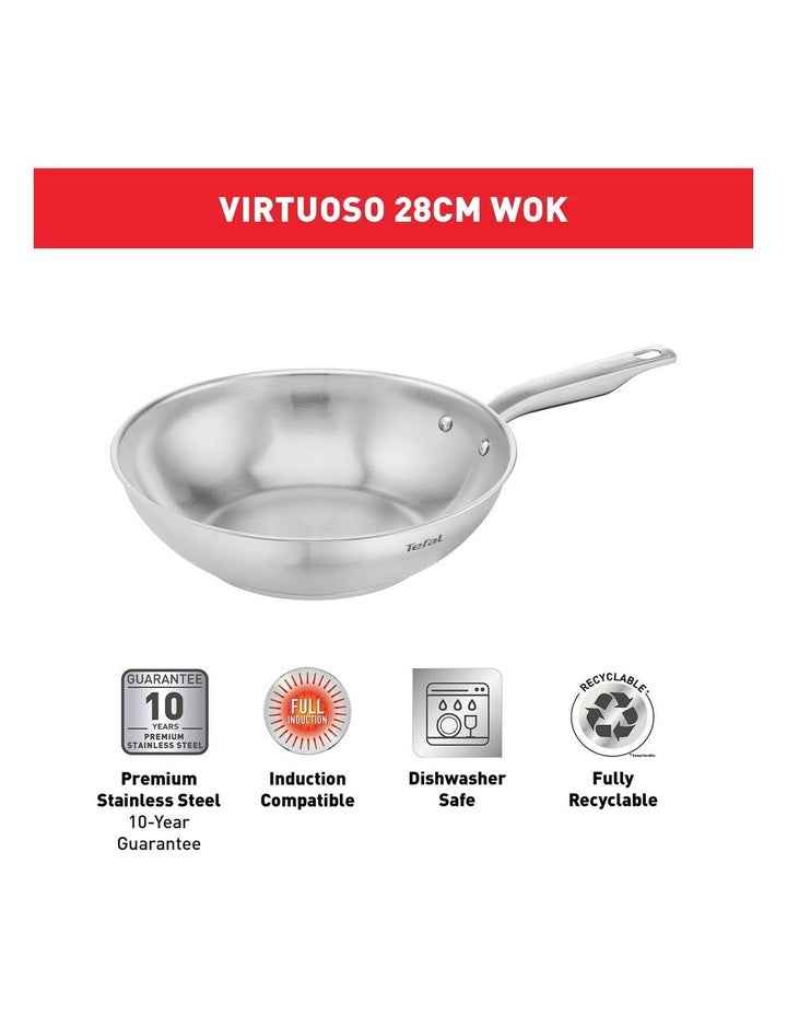 Virtuoso Induction Stainless Steel Uncoated Wok 28cm in Silver