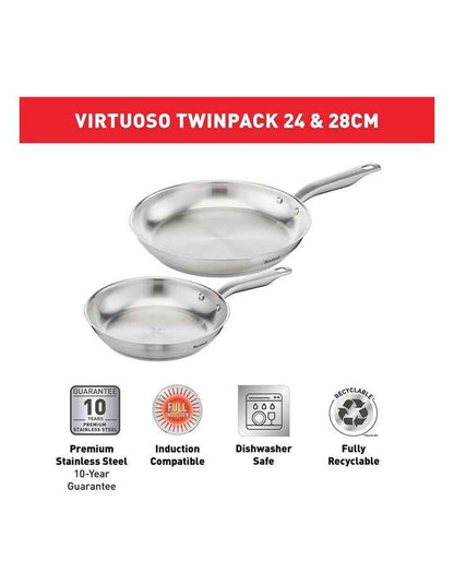 Virtuoso Induction Stainless Steel Uncoated Twin Frypan 24/28cm in Silver