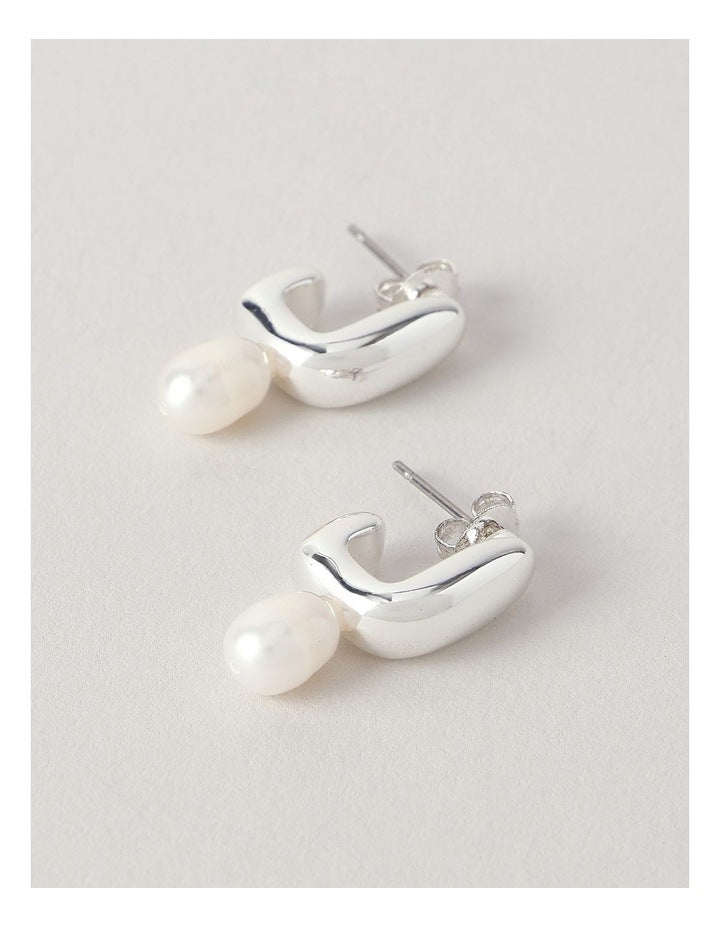Hammered Pearl Drop Earrings in Silver