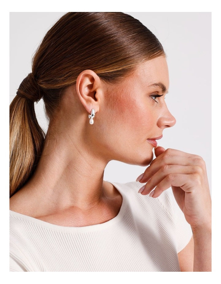 Hammered Pearl Drop Earrings in Silver