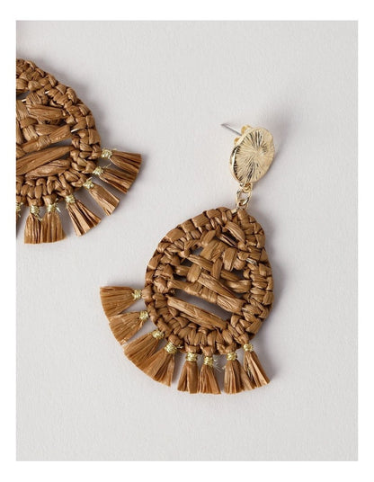 Raffia Oval Drop Earrings in Tan