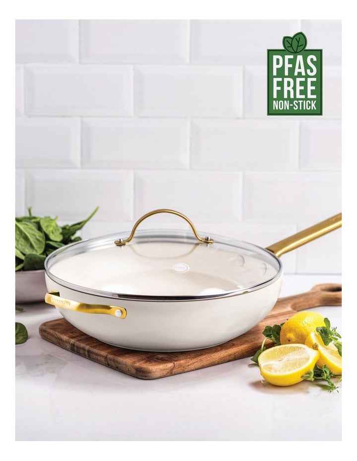 Padova 32cm Covered Wok with Helper Handle Cream White PFAS-free