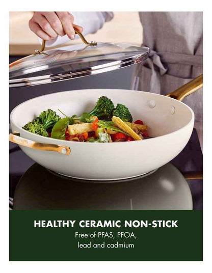Padova 32cm Covered Wok with Helper Handle Cream White PFAS-free