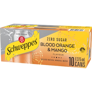 Schweppes Zero Sugar Blood Orange Mango Sparkling Mineral Water Cans 375mL x 10 pack