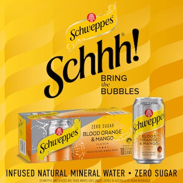 Schweppes Zero Sugar Blood Orange Mango Sparkling Mineral Water Cans 375mL x 10 pack