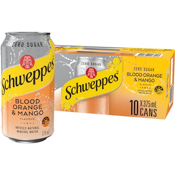 Schweppes Zero Sugar Blood Orange Mango Sparkling Mineral Water Cans 375mL x 10 pack