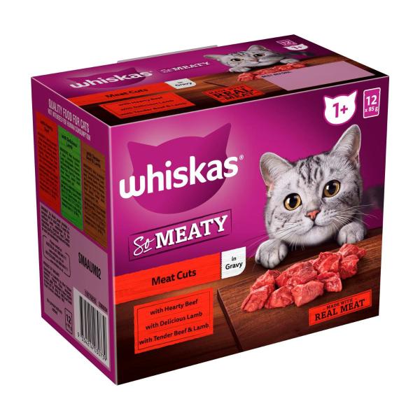 WHISKAS ADULT 1+ YEARS SO MEATY WET CAT FOOD WITH MEAT CUTS IN GRAVY 12X85G POUCH