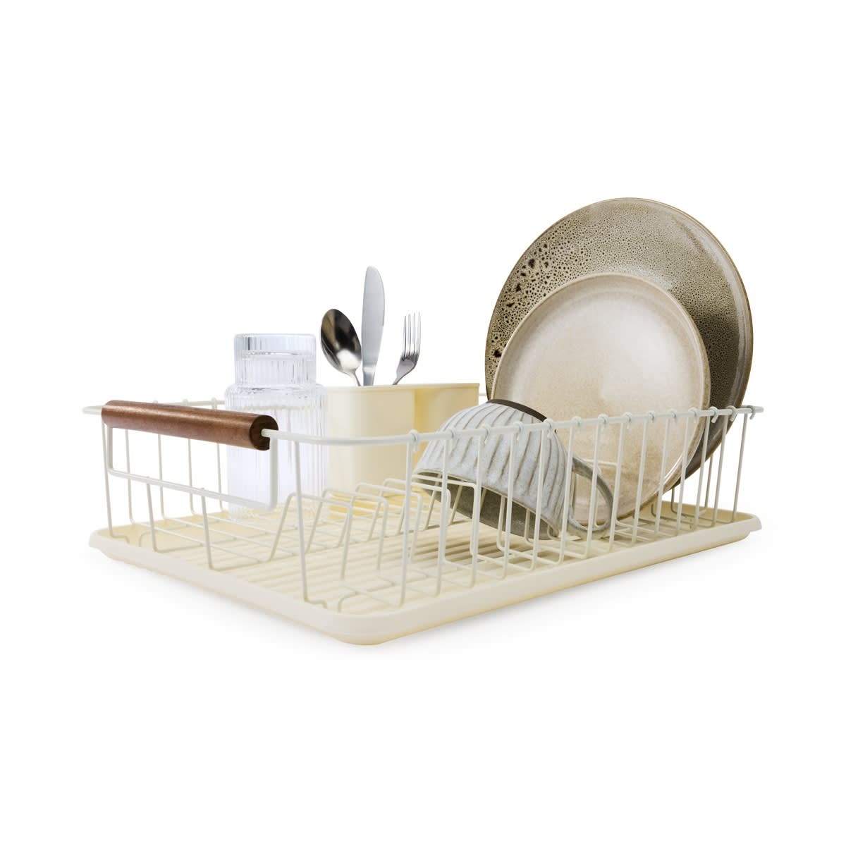 Off White Acacia Handle Dish Rack