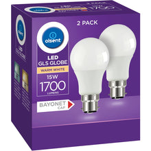 Olsent Led Gls Globe 15w 1700lm Warm White Bayonet Cap 2 Pack