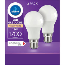 Olsent Led Gls Globe 15w 1700lm Warm White Bayonet Cap 2 Pack
