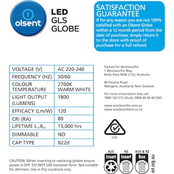 Olsent LED GLS BC 15.0W 1800Lm Warm White 2 pack