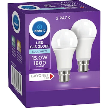 Olsent LED GLS BC 15.0W 1800Lm Cool White 2 pack