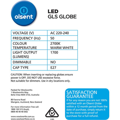 Olsent Led Gls Globe 15w 1700lm Warm White Edison Screw 2 Pack