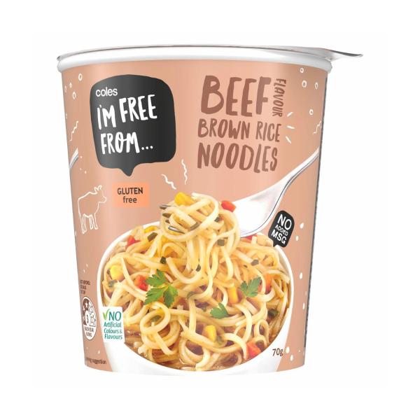 COLES I'M FREE FROM GLUTEN FREE BROWN RICE NOODLE CUPS:BEEF:GLUTEN FREE:70 GRAM