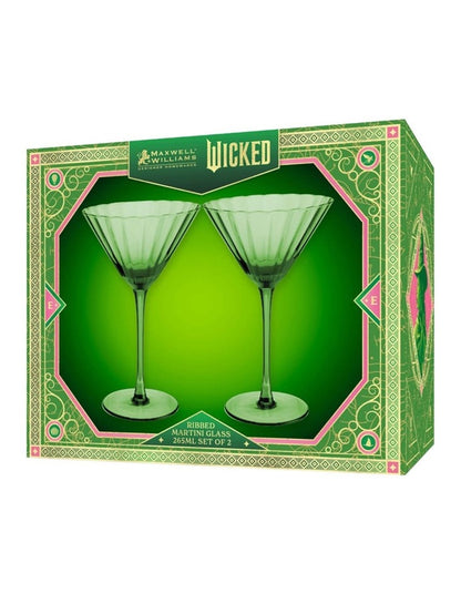 Wicked Pink Goes Good With Green Ribbed Martini Glass Elphaba Set of 2 Gift Boxed in Green