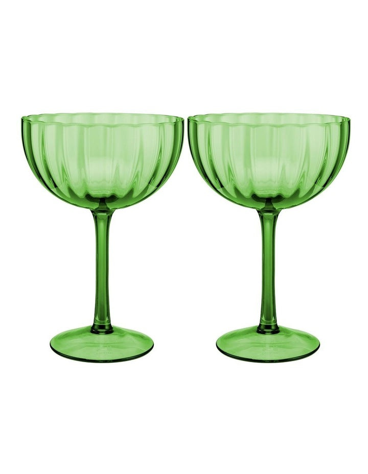 Wicked Pink Goes Good With Green Ribbed Coupe Glass Elphaba Set of 2 Gift Boxed in Green