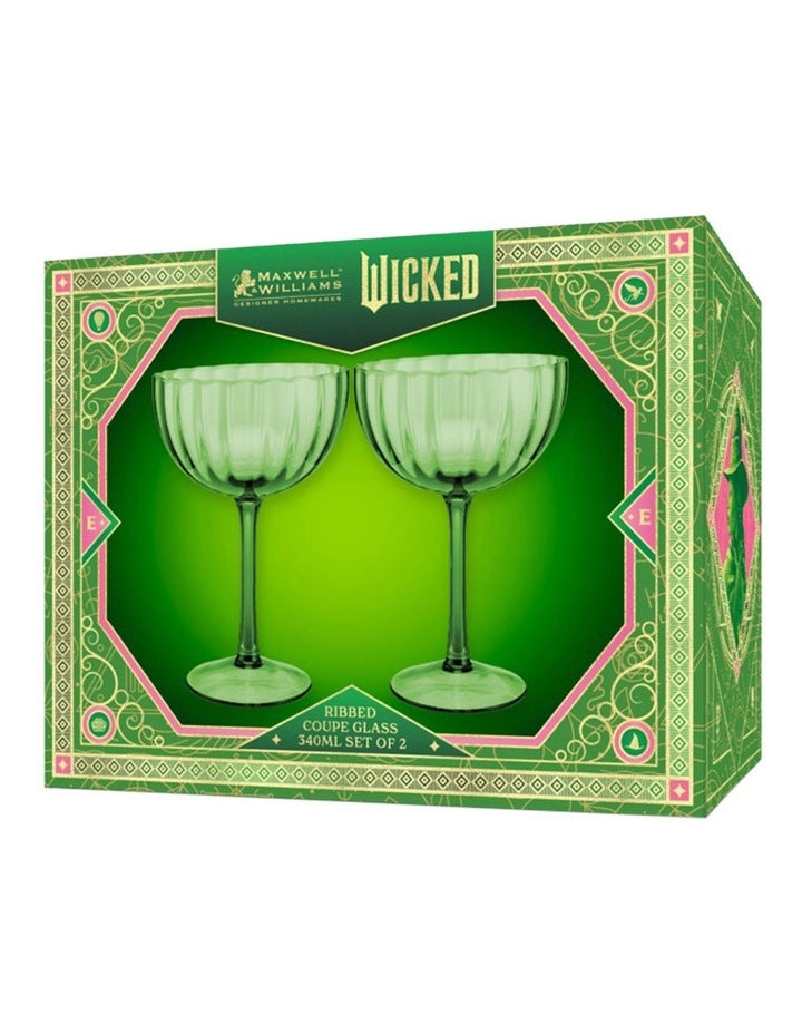 Wicked Pink Goes Good With Green Ribbed Coupe Glass Elphaba Set of 2 Gift Boxed in Green