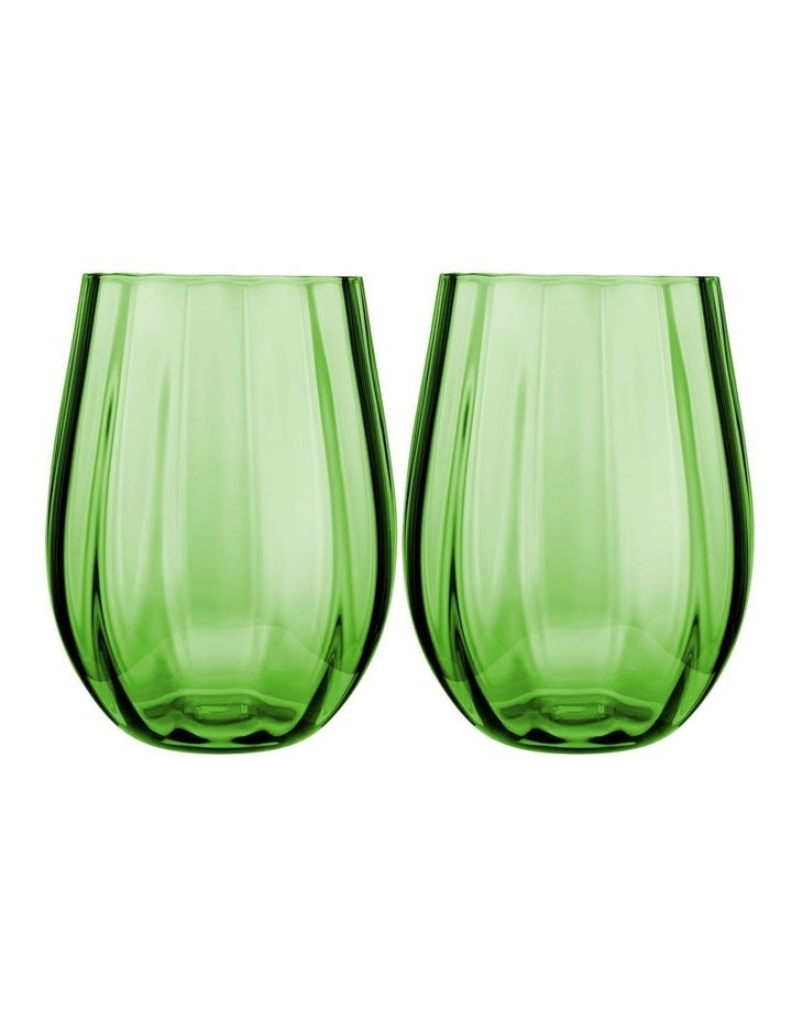 Wicked Pink Goes Good With Green Ribbed Stemless Glass Elphaba Set of 2 Gift Boxed in Green