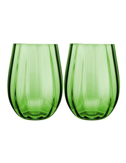 Wicked Pink Goes Good With Green Ribbed Stemless Glass Elphaba Set of 2 Gift Boxed in Green