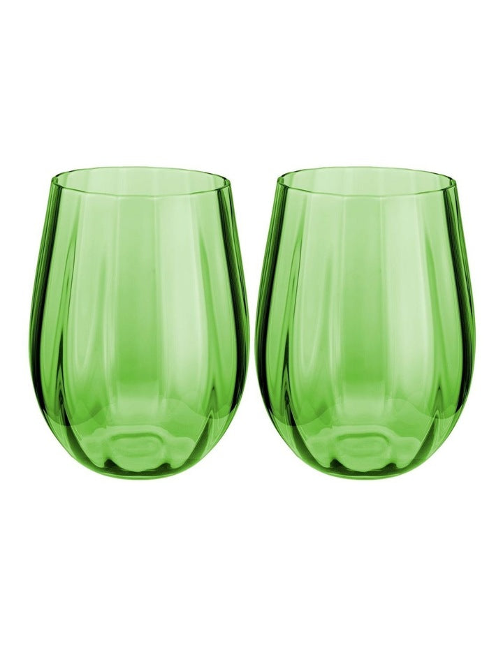 Wicked Pink Goes Good With Green Ribbed Stemless Glass Elphaba Set of 2 Gift Boxed in Green