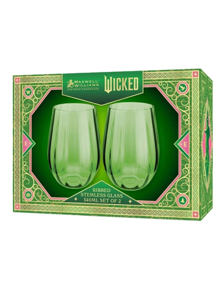 Wicked Pink Goes Good With Green Ribbed Stemless Glass Elphaba Set of 2 Gift Boxed in Green