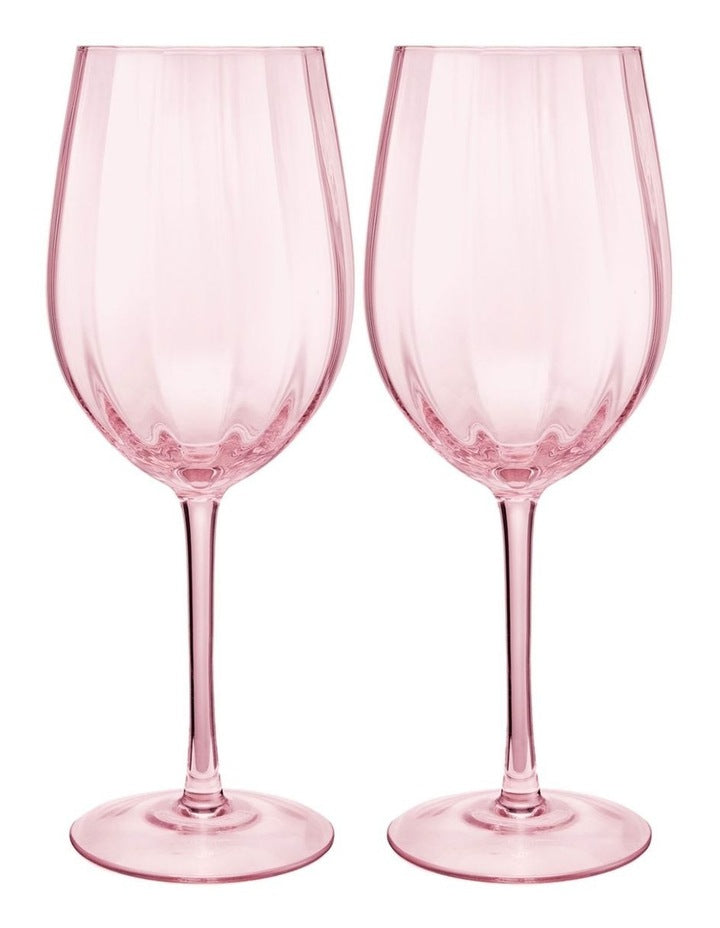 Wicked Pink Goes Good With Green Ribbed Wine Glass Glinda Set of 2 Gift Boxed in Pink