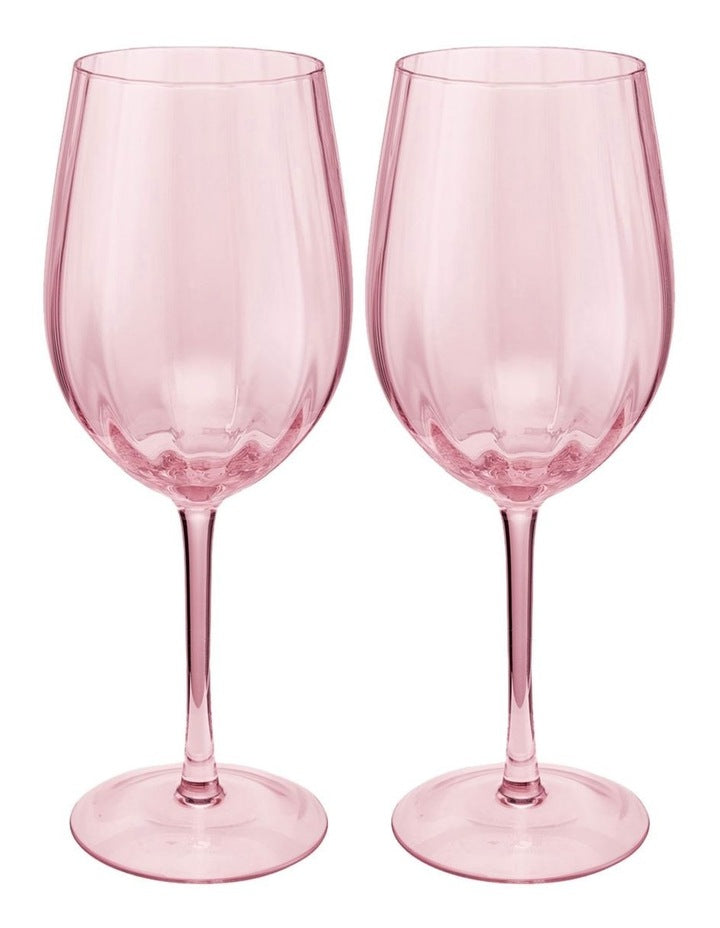 Wicked Pink Goes Good With Green Ribbed Wine Glass Glinda Set of 2 Gift Boxed in Pink