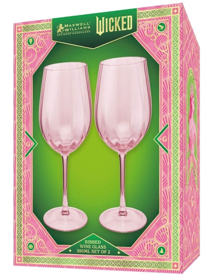 Wicked Pink Goes Good With Green Ribbed Wine Glass Glinda Set of 2 Gift Boxed in Pink
