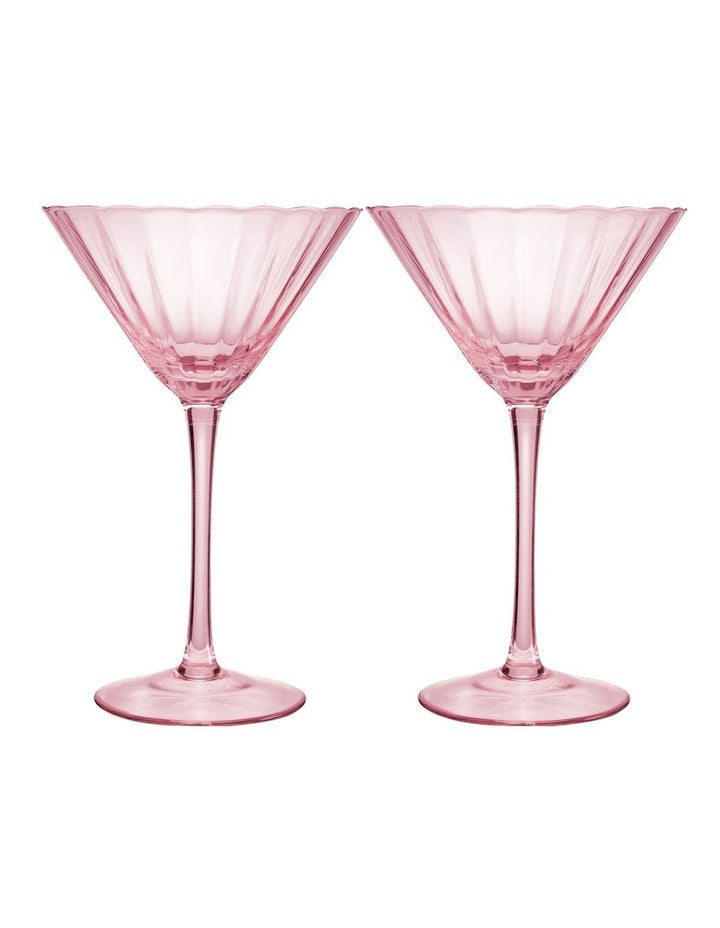 Wicked Pink Goes Good With Green Ribbed Martini Glass Glinda Set of 2 Gift Boxed in Pink
