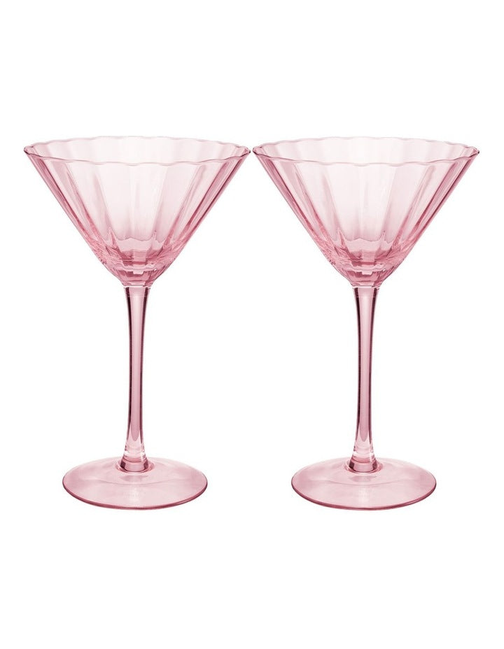 Wicked Pink Goes Good With Green Ribbed Martini Glass Glinda Set of 2 Gift Boxed in Pink