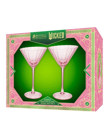 Wicked Pink Goes Good With Green Ribbed Martini Glass Glinda Set of 2 Gift Boxed in Pink